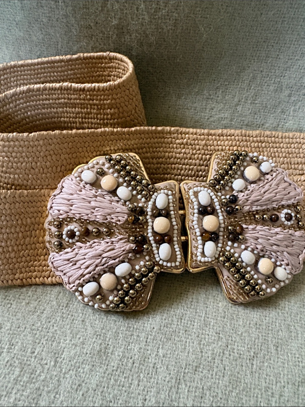 Chico's Blush and Tan Beaded Bow Stretch Belt
